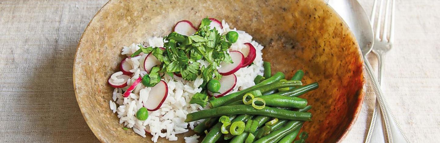 recette bol de riz express lait de coco et légumes verts vue de dessus Trish Deseine