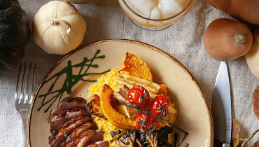 Recette de polenta aux épis de maïs, magret et légumes rôtis